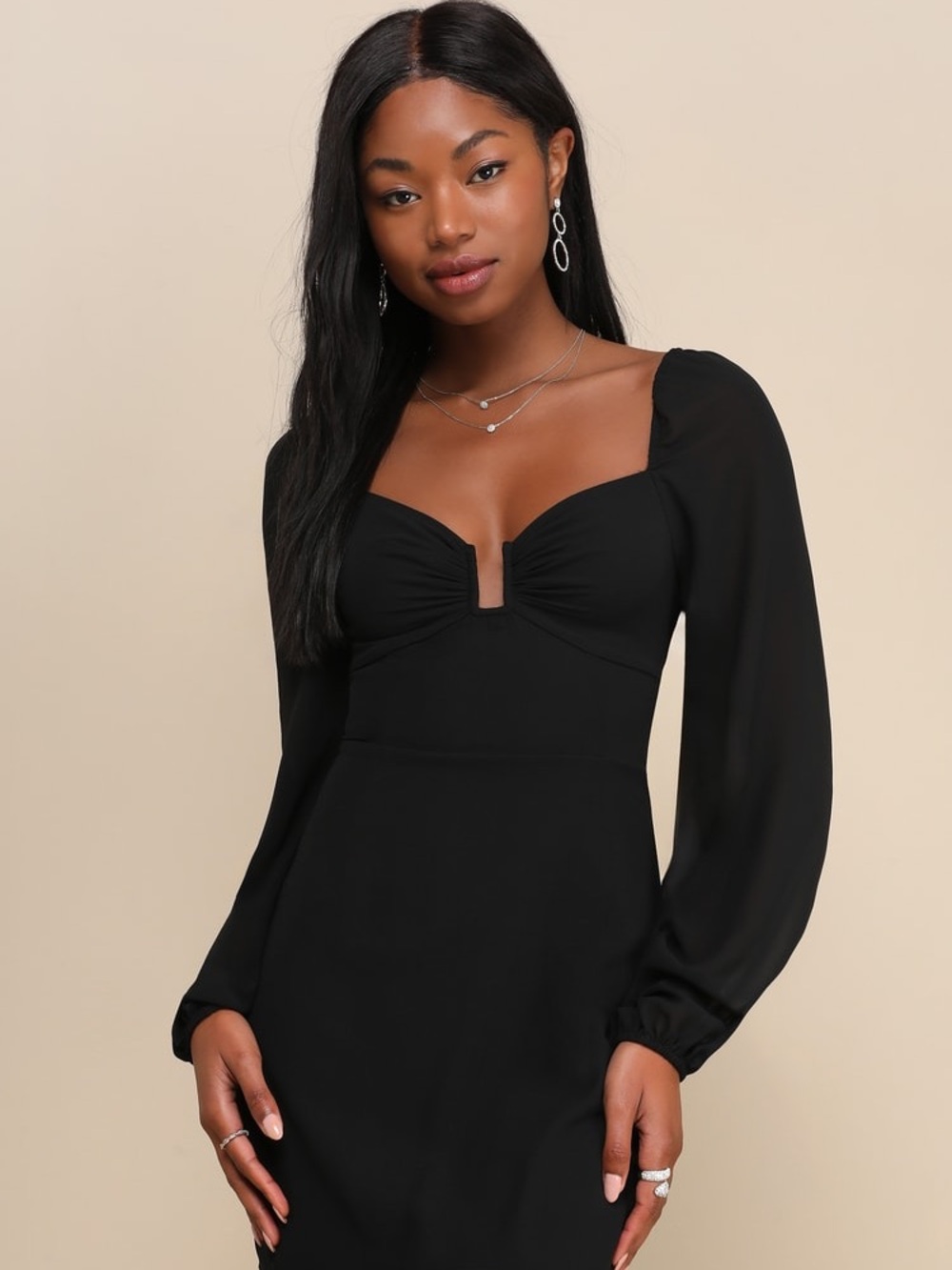 Lulus Black Chiffon Balloon Sleeve Sweetheart Mini Dress S